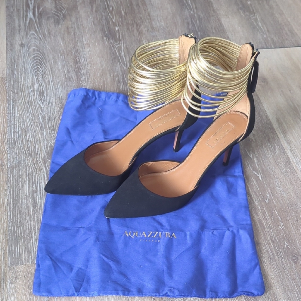 Aquazzura Black and Gold Strappy Heels